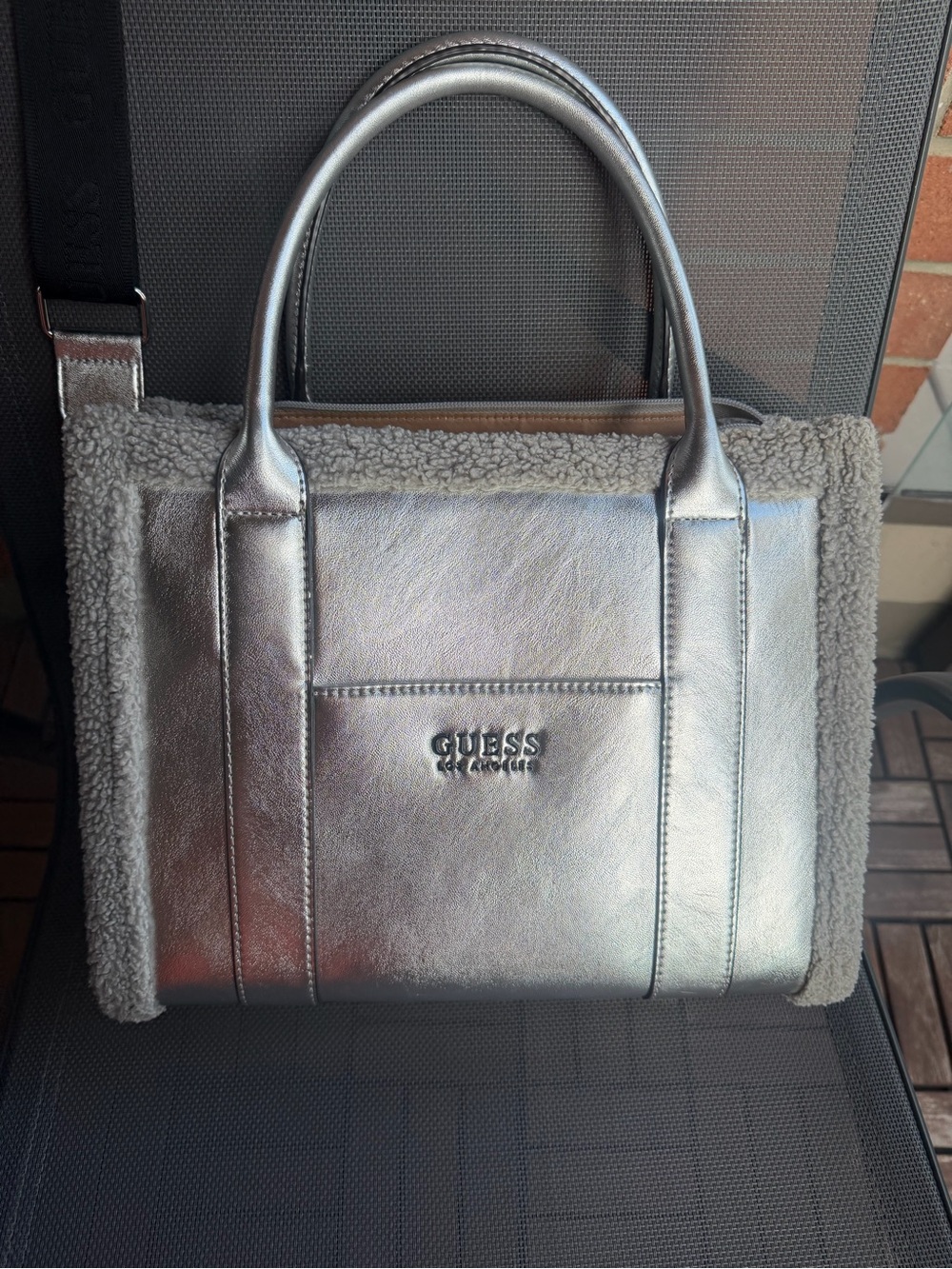 GUESS Metallic Silver Shearling-Trim Tote
